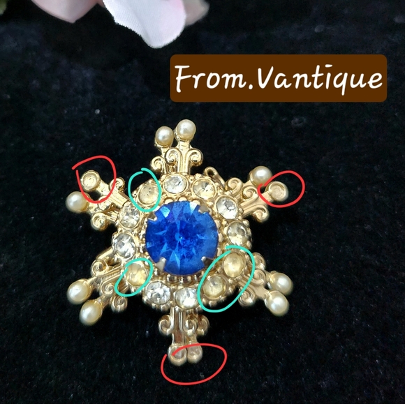 ❄️🔵 CORO Sapphire w/ Crystal & Pearl Snowflake Brooch / Pin 🧷 - Picture 4 of 5